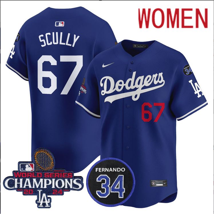 Women MLB Los Angeles Dodgers #67 Scully blue2024 World Series Champions Patch Limited Jersey style 4